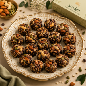 Healthy Dark Chocolate Granola Bites made with premium dark chocolate, oats, almonds, cashews, and pumpkin seeds, handcrafted by Srivian Homemade Chocolates.